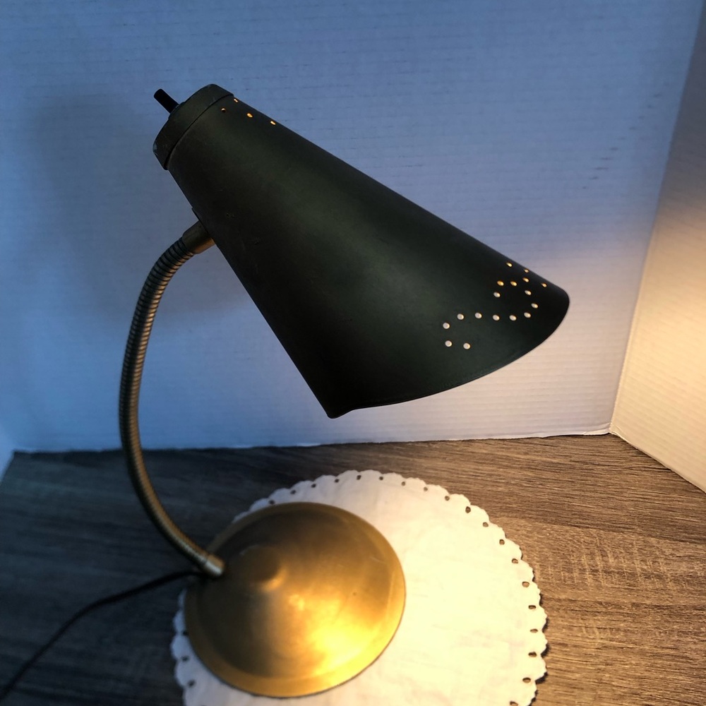 Vtg MCM Gooseneck Lamp with Perforated Shade - Picture 2 of 15